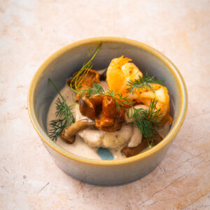 Hapje scampi, risotto, champignon, dille eindejaar